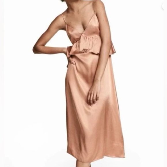 H&M Dresses & Skirts - H&M Satin V-Neck Midi Dress | Dark Beige | Size 2